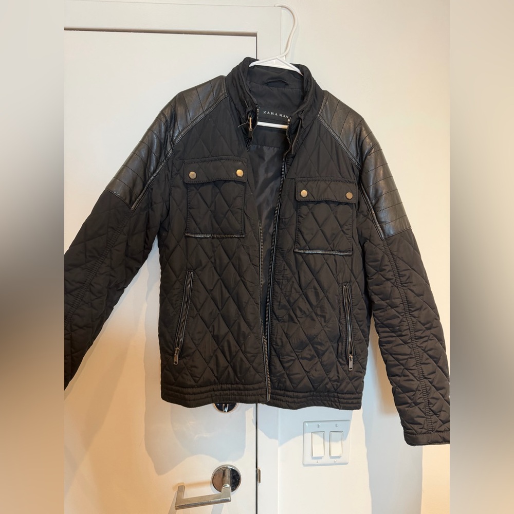 Zara Black Quilted Jacket with Faux Leather Panels